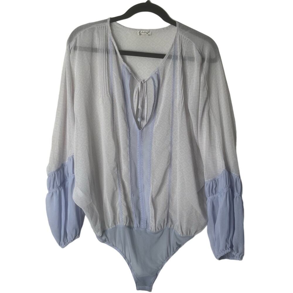 Intimately Free People Blue Sheer Balloon Sleeve Bodysuit Size Large